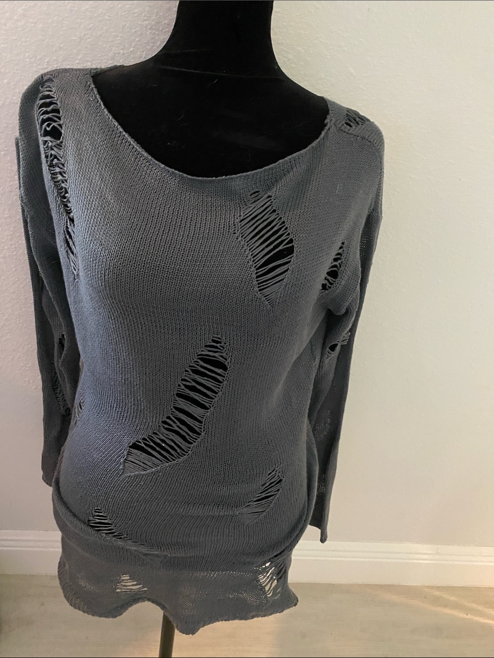 Women's Distressed Scoop Neck Sweater in Gray